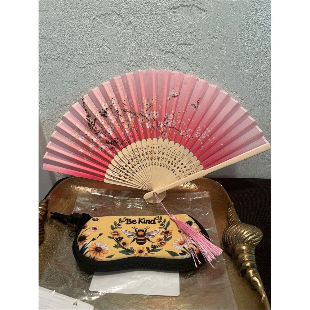 #2224**Pink Cherry Blossom Folding Hand Fan & Be Kind zipper eyes glass pouch